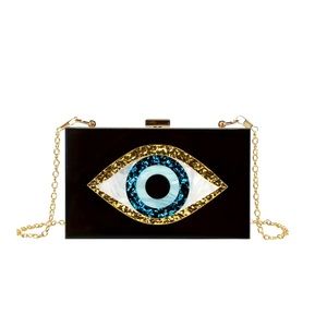 New Acrylic Black+ Shimmer Blue Evil Eye Hard Shell Clutch Bag Crossbody Chain